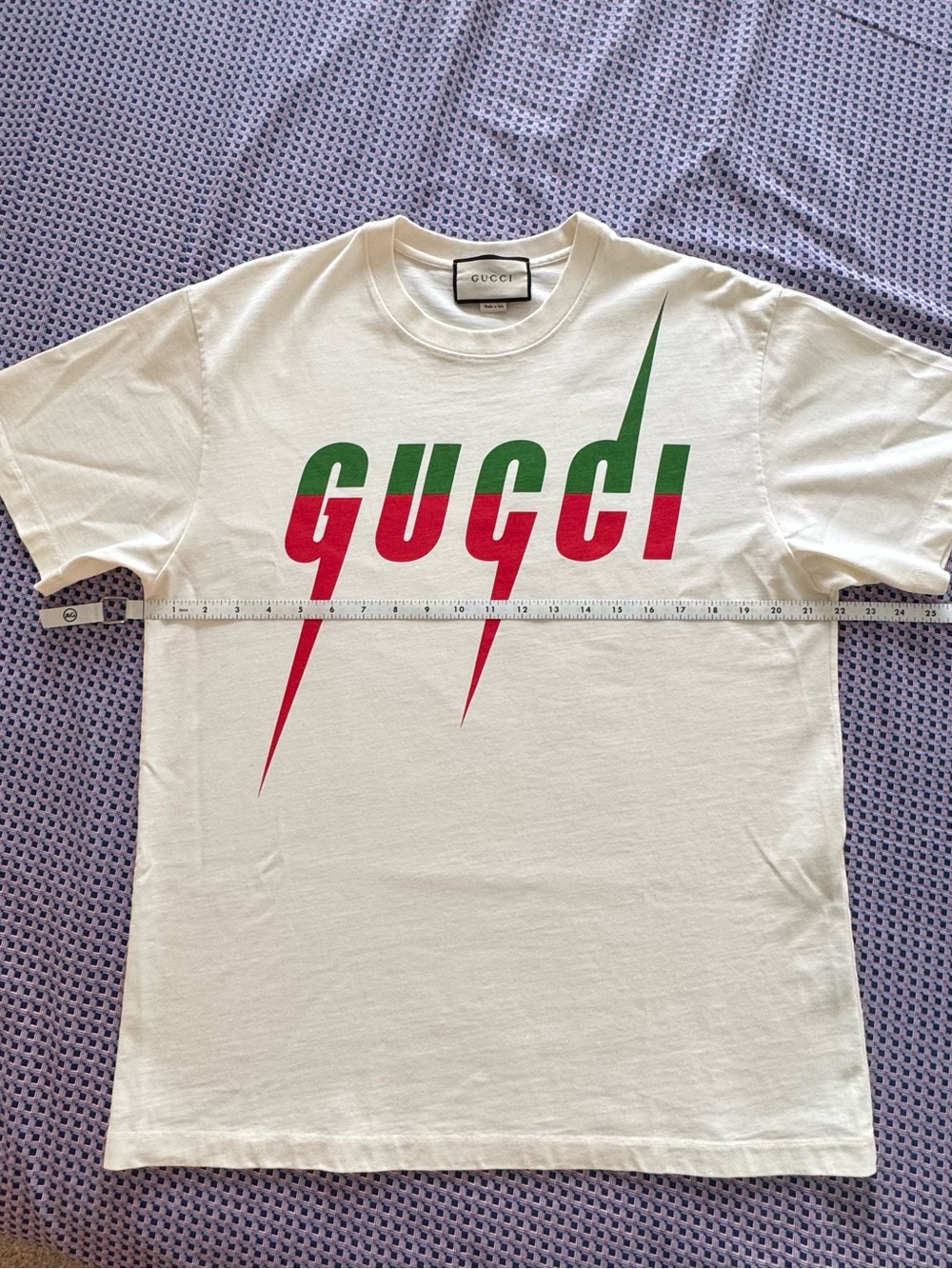Gucci White Short Sleeve Tee with Red & Green Diagonal Logo